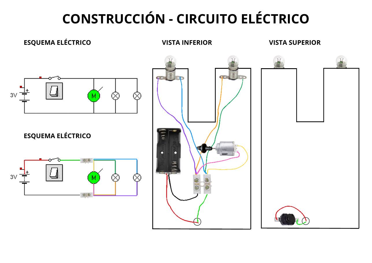 Esquema eléctrico del coche y vistas inferior y superior del chasis con el cableado